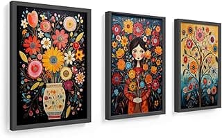 SMART DECO - Trio de Quadros 18x24 cm, Arte Folk Mexicana, Flores Mexicanas, Árvore da Vida, Mulher Florida, Moldura em Madeira e Vidro, 3 Unidades