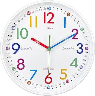AIRUIFU Relógio de parede para crianças aprendendo a ensinar tempo, relógios de parede operados por bateria silencioso, sem tique-taque - relógio analógico colorido decorativo para quarto de crianças