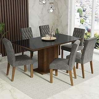 Conjunto Sala de Jantar Mesa Tampo de Vidro 6 Cadeiras Rustic/preto/silver Geórgia Madesa