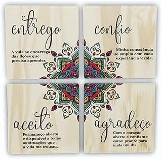 Kit Conjunto Com 4 Quadros De Madeira Meditação Mantra Entrego Confio Aceito e Agradeço