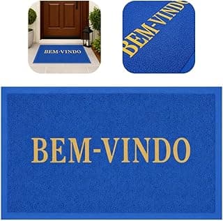 Tapete de entrada azul com texto 'BEM-VINDO' em dourado antiderrapante