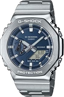 Relógio Casio G-Shock octogonal azul marinho e prata, mostrador digital com proteção e texto Casio.