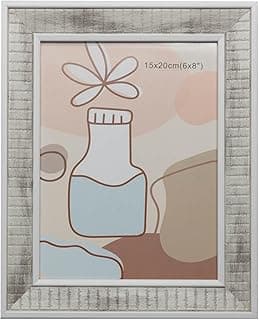 Porta-retrato branco de poliestireno com ilustração abstrata de garrafa e flor, medidas 15x20cm.