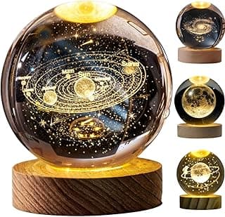 Luminária Led de Mesa Bola de Cristal Vidro 3d Base Madeira Decoração Enfeite Leitura Presente (M - 6cm de diâmetro, Sistema Solar)