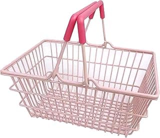 Cesta de arame rosa vazia com alças, fundo branco