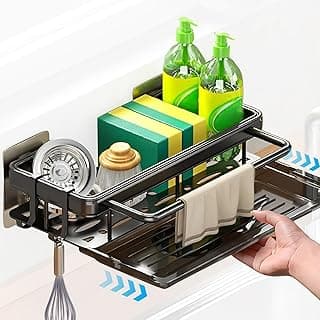 Suporte Organizador de Pia com Porta-Bucha, Esponja e Cesto para Detergente, em aço inoxidável preto