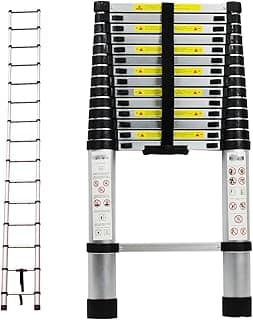 Escada telescópica 14 degraus 4,4 metros alumínio Charbs dobrada e estendida