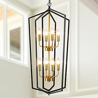 WJShome Lustre Pendente De 8 Lâmpadas Em Formato De Lanterna, Estilo Fazenda, Preto E Dourado, Ideal Para Hall De Entrada Com Pé Direito Alto, Sala De Jantar, Sala De Estar, Entrada E Escada.