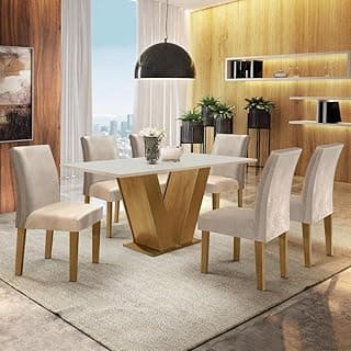 Sala de jantar com mesa branca e tampo de MDF, seis cadeiras bege, decoração moderna, Yescasa.