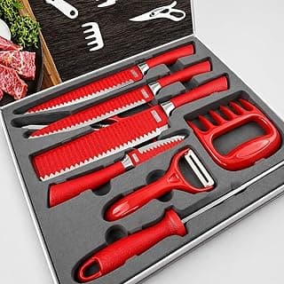 Kit churrasco premium 8 peças, facas gourmet vermelhas com cabos vermelhos, conjunto profissional em aço inoxidável