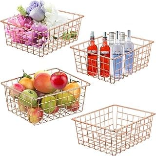 Pacote com 4 cestas de arame para despensa, ouro rosa, com frutas, flores e garrafas