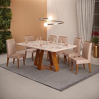 Sala de jantar com mesa de vidro e seis cadeiras bege, Dj Móveis
