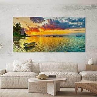 Quadro decorativo paisagem barcos praia sala quarto hall 100x50
