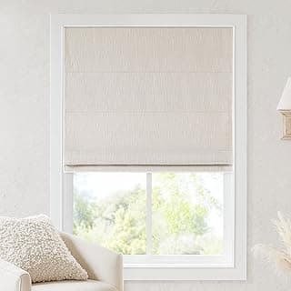 Persiana romana sem fio branca para janela, estilo moderno, vista externa de árvores, iluminação natural