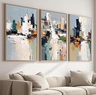 Kit de 3 quadros decorativos com moldura em tecido canvas, arte abstrata para quarto, sala ou corredor.