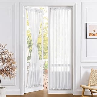 Cortinas transparentes brancas de linho texturizadas para porta francesa, 137 x 203 cm