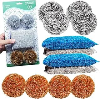 Kit com 12 esponjas de limpeza, incluindo 8 de palha de aço e 4 de espuma, várias cores, fundo branco