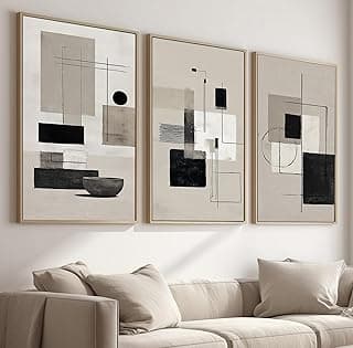 Kit de 3 quadros decorativos abstratos em preto, branco e cinza, molduras douradas, 40x50cm
