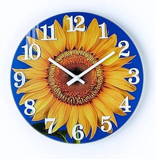 Relógio decorativo de parede com girassol amarelo e fundo azul, 35,5 cm, para uso ao ar livre.