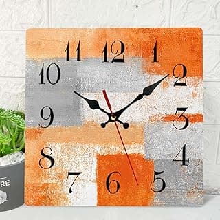 ArtSocket Relógio de parede de madeira silencioso sem tique-taque, abstrato laranja cinza geométrico minimalista quadriculado quadrado rústico relógios de parede decoração para casa cozinha sala de estar escritório, operado a bateria (12 polegadas)
