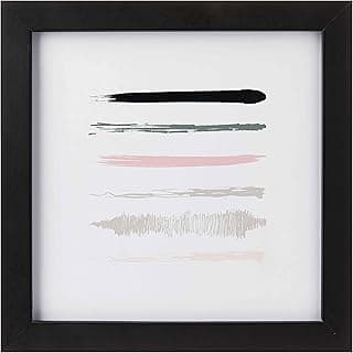 Quadro decorativo abstrato com moldura preta, linhas em cinza, rosa, preto e branco.