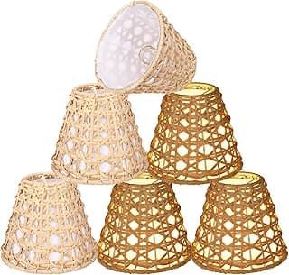 Baquler Pacote com 6 lâmpadas de vime com clipe de 15 cm L x 12 cm A, cortinas boho, capas de substituição de vime natural, abajur de tecido cilíndrico para lâmpadas de piso, candelabro, arandelas de