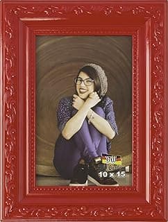 Porta-retrato de mesa 10x15 cm com moldura vermelha decorada e foto de mulher sorrindo