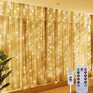 Trailabo Cortina Luz LED, 3x6M com 600 Lâmpadas LED, Interface USB com Controle Remoto, 8 Funções de Iluminação, À Prova D'Água para Decoração Festiva e Uso no Natal. (Iluminação Branca Quente)