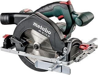 Serra circular Metabo KS 18 LTX 57, preto e verde, detalhes de lâmina e logotipo