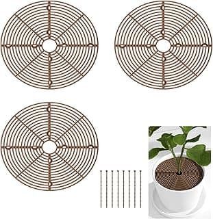 Três grades circulares marrons para vasos de plantas com uma planta em um vaso branco