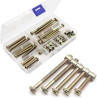 Kit de parafusos e peças de montagem em compartimento plástico transparente, com parafusos sextavados e porcas de barril em tom dourado