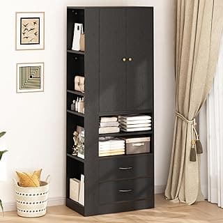 Guarda-roupa solteiro preto com compartimentos e prateleiras para quarto pequeno