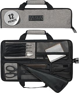 Bolsa para facas de chef Asaya com 12 bolsos para facas e utensílios de cozinha, aberta, mostrando os compartimentos e etiquetas com o número '12'.