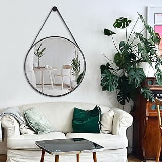 Espelho decorativo redondo 50cm com alça de couro preto para sala