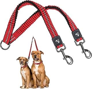 Coleiras elásticas vermelhas e pretas para cães, sem emaranhados, com mosquetões e fivelas, para passeios confortáveis.
