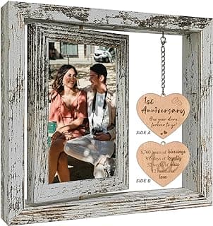 Porta-retrato giratório de aniversário de 1 ano com moldura branca envelhecida e design de coração