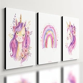 Kit 3 quadros decorativos unicórnio infantil, arco-íris, flores, unicórnios, fundo branco, arte infantil, quarto menina.