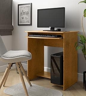 Mesa de computador com gaveta deslizante e suporte para teclado e CPU, cor freijó, estilo moderno.