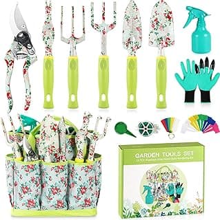 Conjunto de ferramentas de jardinagem com 13 peças, estampa floral e alças antiderrapantes, em fundo branco