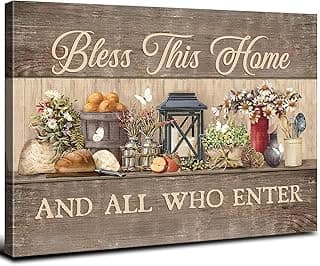 Arte de parede de cozinha de fazenda Bless This Home Wall Decor Vintage Family Blessing Signs Imagem em tela para sala de estar frases inspiradoras citações pinturas impressões de utensílios de mesa