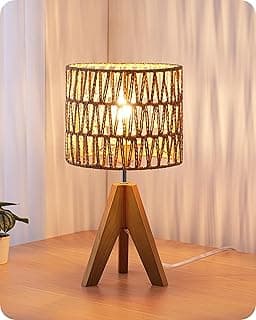 EDISHINE Luminária de mesa pequena, tripé de madeira de vime, candeeiro de cabeceira Boho para sala de estar, mesa de fundo, escritório, base E26, estilo natural