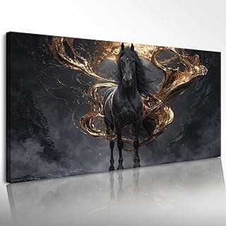 Quadro decorativo abstrato moderno com cavalo preto e elementos dourados em canvas, 120x60 cm