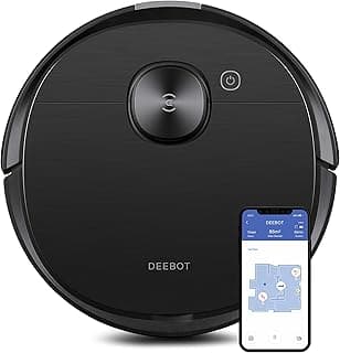 Robô aspirador ECOVACS Deebot T8 AIVI, cilíndrico, preto, com botão central e interface de aplicativo no smartphone.