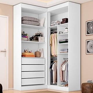 Guarda-roupa modular branco em forma de L com quatro gavetas e três cabideiros