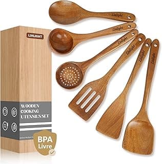 Kit de utensílios de cozinha em madeira com seis colheres e uma espátula, marca Linlight, BPA livre.