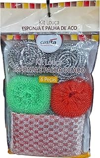 Kit Esponja e Palha de Aço 6 Peças para Limpeza de Louças, Panelas e Fogão, Alta Resistência, Remove Gordura Pesada, Uso Doméstico Cozinha