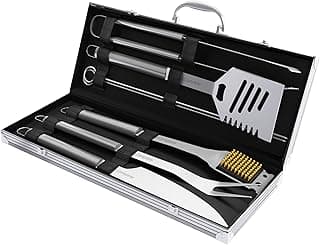 Conjunto de utensílios de churrasco de aço inoxidável com estojo de alumínio preto