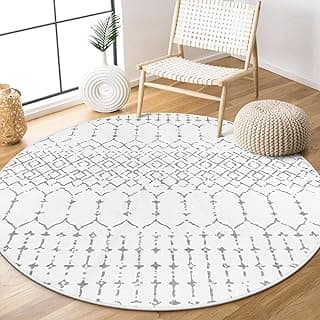 Tapete redondo branco com estampa geométrica cinza escuro, antiderrapante, lavável, para quarto.
