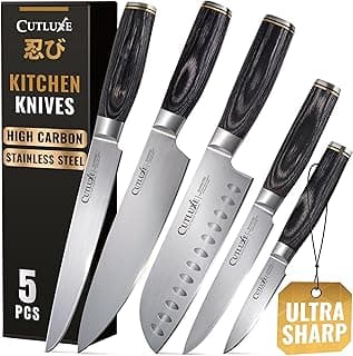 Conjunto de facas de chef Cutluxe 5 peças, lâminas de aço inoxidável, cabos de pakkawood, ultra afiadas