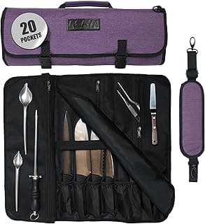 Bolsa profissional para facas de chef com 20 compartimentos em nylon encerado, preta e roxa, com facas e ferramentas visíveis